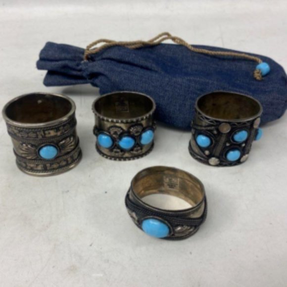 Set of 4 Two's Company Sterling Blue Turquoise Gemstone Napkin Rings With Bag - Picture 6 of 6
